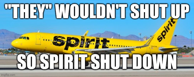 spirit airlines | "They" wouldn't shut up; So spirit shut down | image tagged in spirit airlines | made w/ Imgflip meme maker