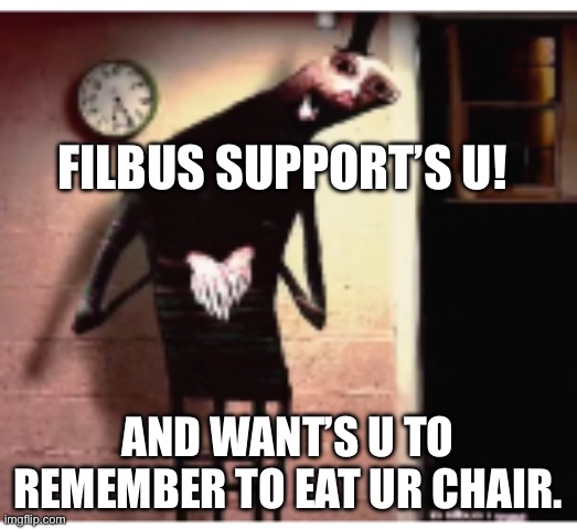 Filbus supports you no matter what | Filbus support’s u! And want’s u to remember to eat ur chair. | image tagged in filbus | made w/ Imgflip meme maker