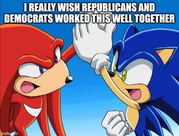 Sonic and Knuckles will cause havoc | I really wish Republicans and Democrats worked this well together | image tagged in sonic and knuckles will cause havoc | made w/ Imgflip meme maker