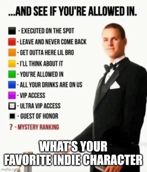 Alright what's your favorite Indie Character | What's your favorite Indie Character | image tagged in and see if you're allowed in | made w/ Imgflip meme maker