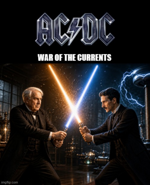 AI-generated Edison vs Tesla poster | image tagged in ai-generated edison vs tesla poster | made w/ Imgflip meme maker