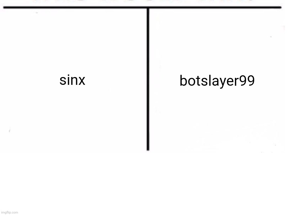 Who is more shocking/offensive? | sinx; botslayer99 | image tagged in comparison table | made w/ Imgflip meme maker