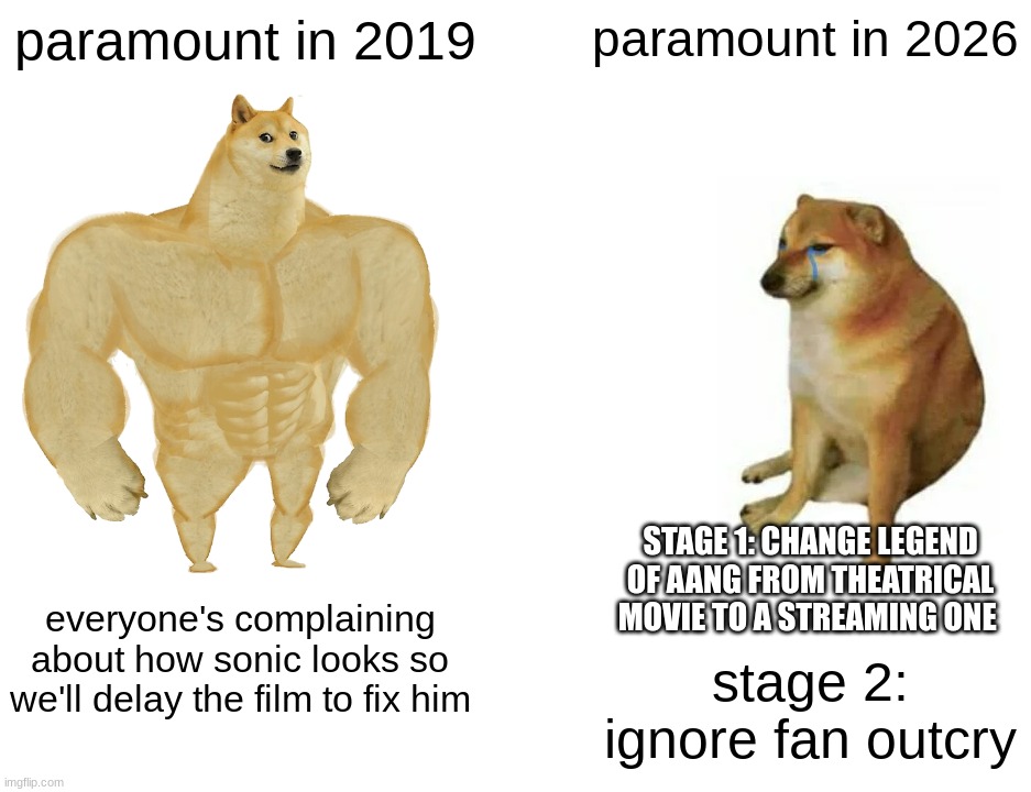 so they'll fix a cgi creature but not get a movie into theatres | paramount in 2019; paramount in 2026; stage 1: change legend of aang from theatrical movie to a streaming one; everyone's complaining about how sonic looks so we'll delay the film to fix him; stage 2: ignore fan outcry | image tagged in memes,buff doge vs cheems,avatar the last airbender | made w/ Imgflip meme maker