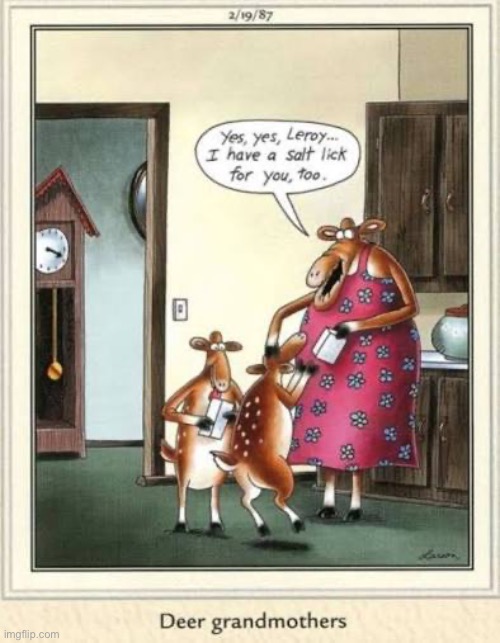 She’s a good grandmother… | image tagged in the far side,comics,deer,grandmother,grandchildren,salt lick | made w/ Imgflip meme maker