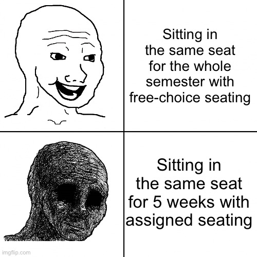 Happy Wojak vs Depressed Wojak | Sitting in the same seat for the whole semester with free-choice seating; Sitting in the same seat for 5 weeks with assigned seating | image tagged in happy wojak vs depressed wojak | made w/ Imgflip meme maker