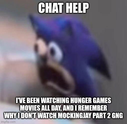 Some scenes just make my heart hurt gang, I always cry | Chat help; I've been watching hunger games movies all day, and I remember why I don't watch mockingjay part 2 gng | image tagged in traumatised sonic | made w/ Imgflip meme maker