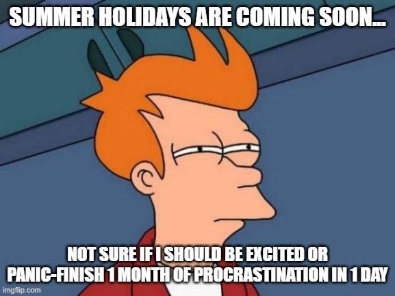 Futurama Fry Meme | SUMMER HOLIDAYS ARE COMING SOON... NOT SURE IF I SHOULD BE EXCITED OR PANIC-FINISH 1 MONTH OF PROCRASTINATION IN 1 DAY | image tagged in memes,futurama fry | made w/ Imgflip meme maker