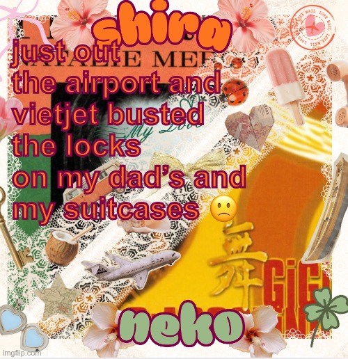 neko and shira shared temp <3 | just out the airport and vietjet busted the locks on my dad’s and my suitcases 🙁 | image tagged in neko and shira shared temp 3 | made w/ Imgflip meme maker