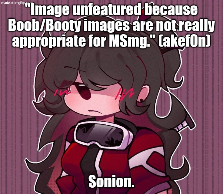 Another goob | "Image unfeatured because Boob/Booty images are not really appropriate for MSmg." (akef0n); Sonion. | image tagged in another goob | made w/ Imgflip meme maker