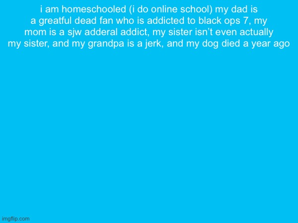 i don’t have the best life | i am homeschooled (i do online school) my dad is a greatful dead fan who is addicted to black ops 7, my mom is a sjw adderal addict, my sister isn’t even actually my sister, and my grandpa is a jerk, and my dog died a year ago | made w/ Imgflip meme maker