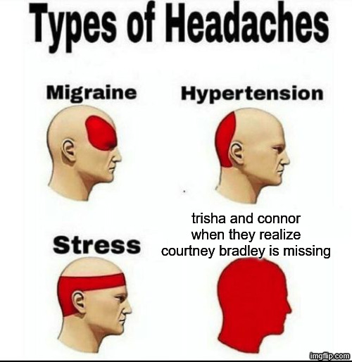 Types of Headaches meme | trisha and connor when they realize courtney bradley is missing | image tagged in types of headaches meme | made w/ Imgflip meme maker