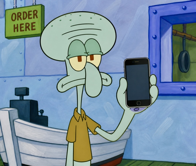 Squidward holding a cell phone Blank Meme Template