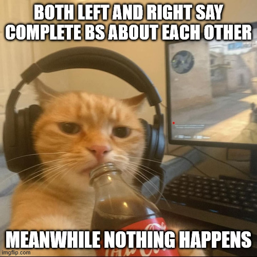 the debates are stupid and both attack each other, it's stupid | both left and right say complete bs about each other; meanwhile nothing happens | image tagged in cat car coke cs counterstrike headphone,politics,meme,left right,useless | made w/ Imgflip meme maker