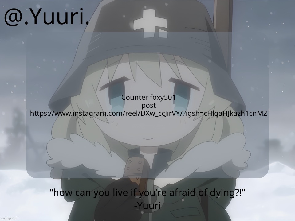 .Yuuri. anounce temp | Counter foxy501 post
https://www.instagram.com/reel/DXw_ccJirVY/?igsh=cHlqaHJkazh1cnM2 | image tagged in yuuri anounce temp | made w/ Imgflip meme maker