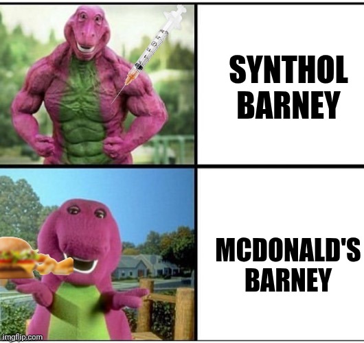 Different versions of Barney | Synthol barney; McDonald's barney | image tagged in ripped barney | made w/ Imgflip meme maker
