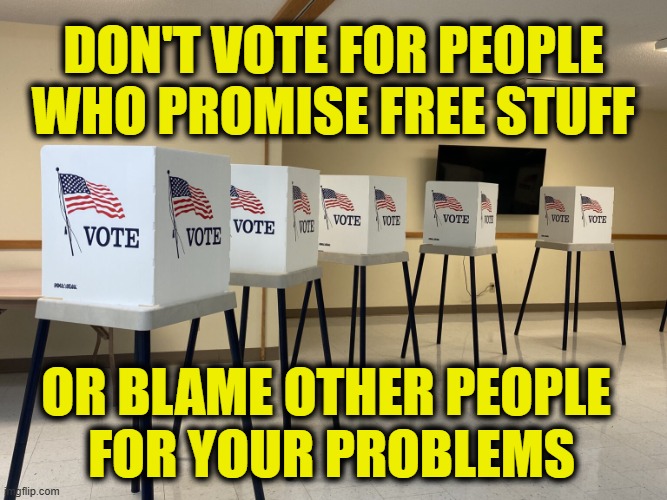 Don't vote for a con artist | Don't vote for people
who promise free stuff; or blame other people 
for your problems | image tagged in vote | made w/ Imgflip meme maker