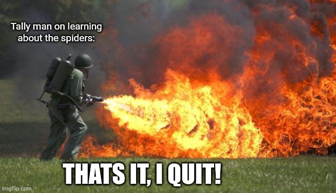 flamethrower | Tally man on learning about the spiders: Thats it, I Quit! | image tagged in flamethrower | made w/ Imgflip meme maker