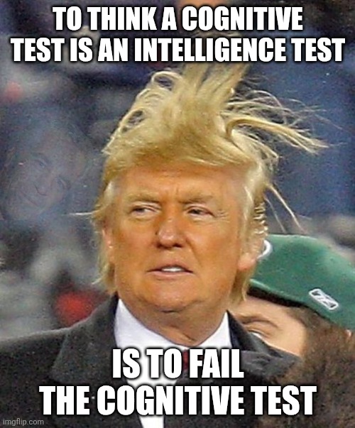 (Un)Stable Genius | To think a cognitive test is an intelligence test; is to fail the cognitive test | image tagged in donald trumph hair,stable genius,trump unfit unqualified dangerous,impeach trump,donald trump | made w/ Imgflip meme maker