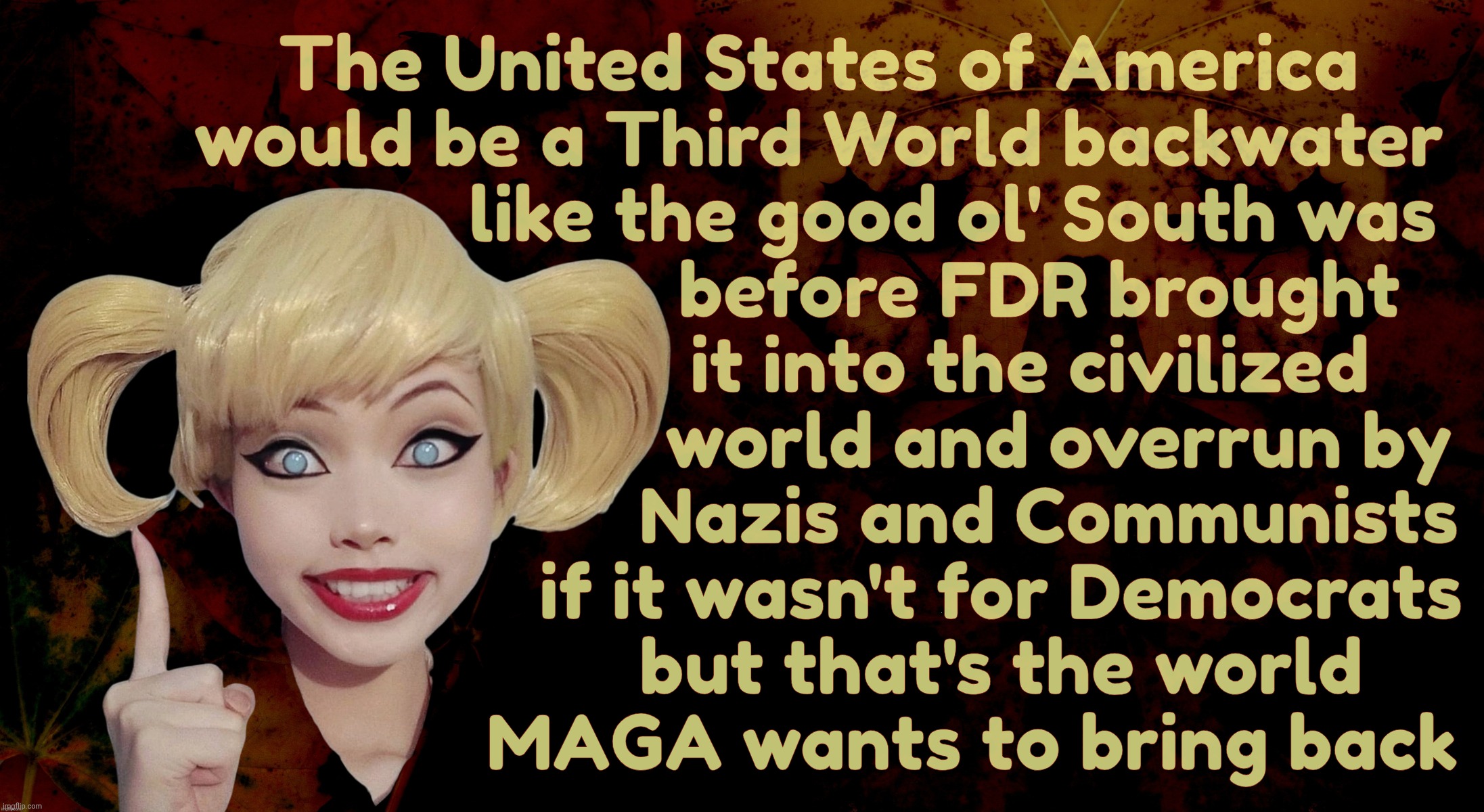 Harley Quinn | The United States of America
would be a Third World backwater
              like the good ol' South was
                       before FDR brought
                      it into the civilized
                         world and overrun by
                        Nazis and Communists
                   if it wasn't for Democrats
                    but that's the world 
                MAGA wants to bring back | image tagged in harley quinn | made w/ Imgflip meme maker