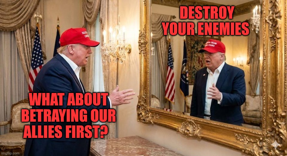 Trump mirror | Destroy your enemies; What about betraying our allies first? | image tagged in trump mirror | made w/ Imgflip meme maker