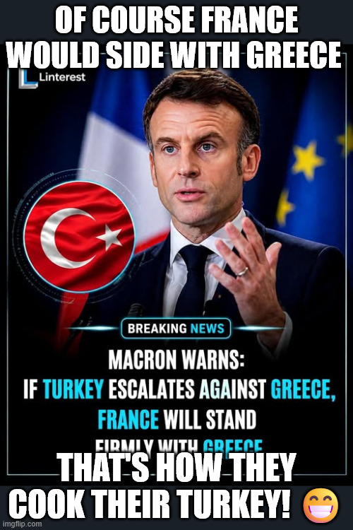 FRANCE COOKING TURKEY | Of course France would side with Greece; that's how they cook their Turkey! 😁 | image tagged in france cooking turkey,remix,france,greece,turkey,memes | made w/ Imgflip meme maker