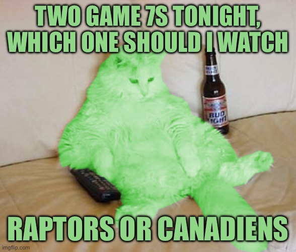RayCat Chillin' | Two game 7s tonight, which one should I watch; Raptors or canadiens | image tagged in raycat chillin' | made w/ Imgflip meme maker