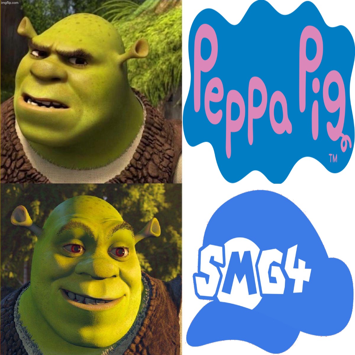 Shrek yes smg4 and hates Peppa pig | image tagged in shrek no - yes drake format,deviantart,shrek,dreamworks,smg4,peppa pig | made w/ Imgflip meme maker