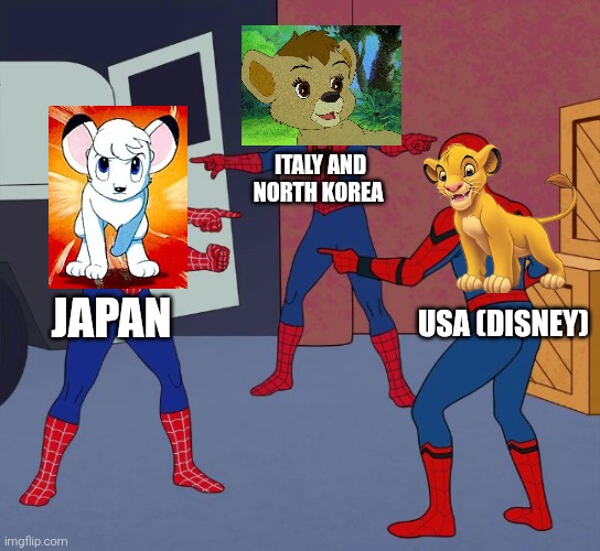 Three cartoon lions in a nutshell | Italy and North Korea; USA (Disney); Japan | image tagged in spider man triple,simba,kimba,disney,japan,italy | made w/ Imgflip meme maker