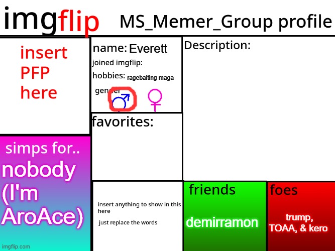 MSMG Profile | Everett; ragebaiting maga; nobody (I'm AroAce); trump, TOAA, & kero; demirramon | image tagged in msmg profile | made w/ Imgflip meme maker