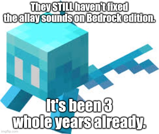 crazy | They STILL haven't fixed the allay sounds on Bedrock edition. It's been 3 whole years already. | image tagged in minecraft allay,minecraft,bug | made w/ Imgflip meme maker