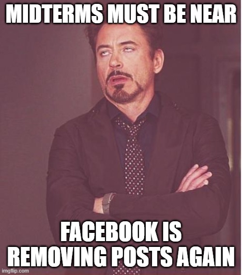 Face You Make Robert Downey Jr Meme | Midterms must be near; Facebook is removing posts again | image tagged in memes,face you make robert downey jr | made w/ Imgflip meme maker