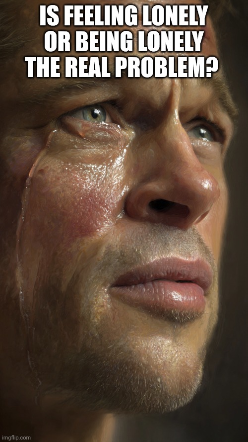 Crying Brad Pitt | Is feeling lonely or being lonely the real problem? | image tagged in crying brad pitt | made w/ Imgflip meme maker