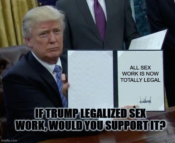 MAGA | ALL SEX WORK IS NOW TOTALLY LEGAL; IF TRUMP LEGALIZED SEX WORK, WOULD YOU SUPPORT IT? | image tagged in memes,trump bill signing | made w/ Imgflip meme maker