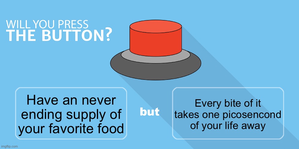 Would you press the button? | Every bite of it takes one picosencond of your life away; Have an never ending supply of your favorite food | image tagged in would you press the button | made w/ Imgflip meme maker