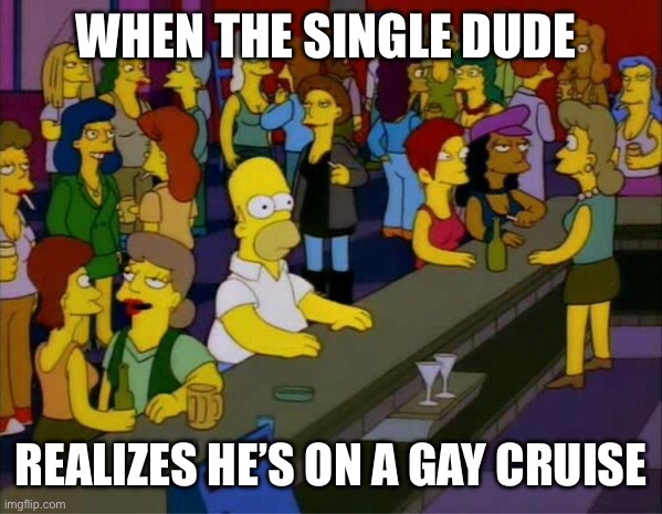 homer bar lesbian gay | When the single dude; Realizes he’s on a gay cruise | image tagged in homer bar lesbian gay | made w/ Imgflip meme maker