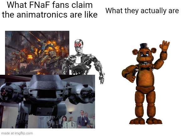 FNaF explained by a hobo | What FNaF fans claim the animatronics are like; What they actually are | image tagged in blank white template,fnaf | made w/ Imgflip meme maker