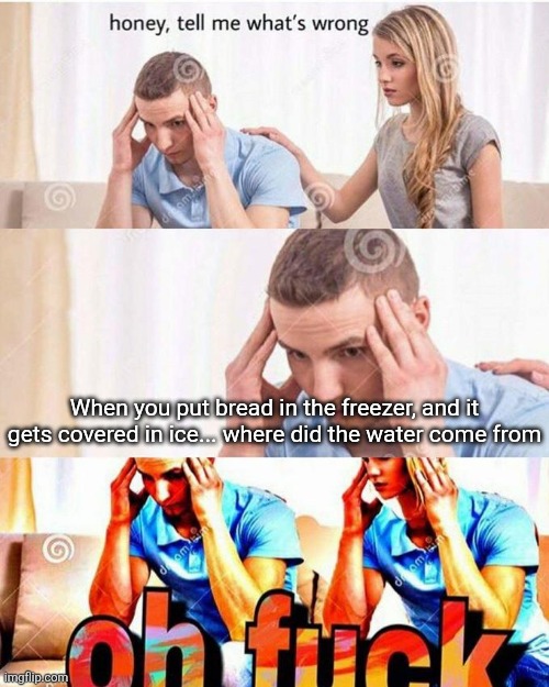 Because water is made from ice... | When you put bread in the freezer, and it gets covered in ice... where did the water come from | image tagged in honey tell me what's wrong,bread,ice,water,shower thoughts,hmmm | made w/ Imgflip meme maker