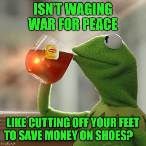 But That's None Of My Business Meme | Isn’t waging war for peace; Like cutting off your feet to save money on shoes? | image tagged in memes,but that's none of my business,kermit the frog | made w/ Imgflip meme maker