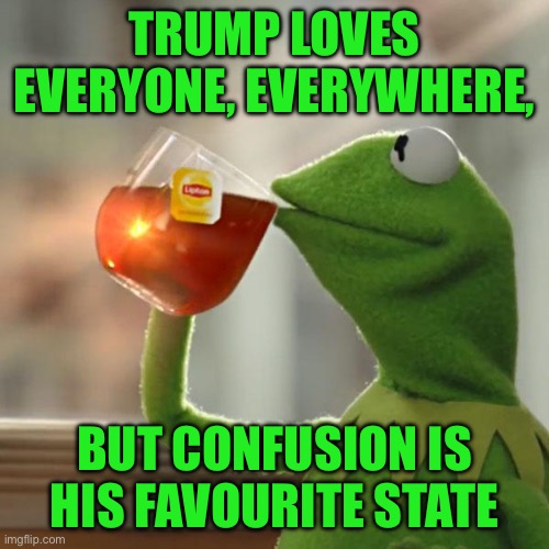 But That's None Of My Business Meme | Trump loves everyone, everywhere, But confusion is his favourite state | image tagged in memes,but that's none of my business,kermit the frog | made w/ Imgflip meme maker
