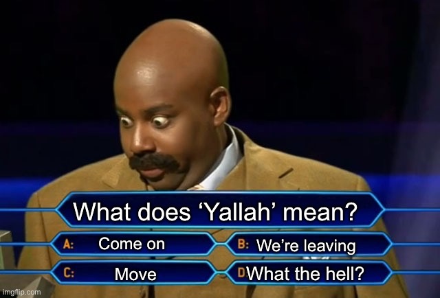 *laughs in evil* | What does ‘Yallah’ mean? Come on; We’re leaving; What the hell? Move | image tagged in who wants to be a millionaire,memes,impossible,question,arabic,stop reading the tags | made w/ Imgflip meme maker