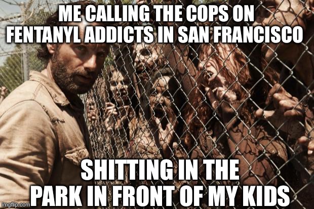 zombies | Me calling the cops on Fentanyl addicts in San Francisco; Shitting in the park in front of my kids | image tagged in zombies,drugs,san francisco,homeless | made w/ Imgflip meme maker