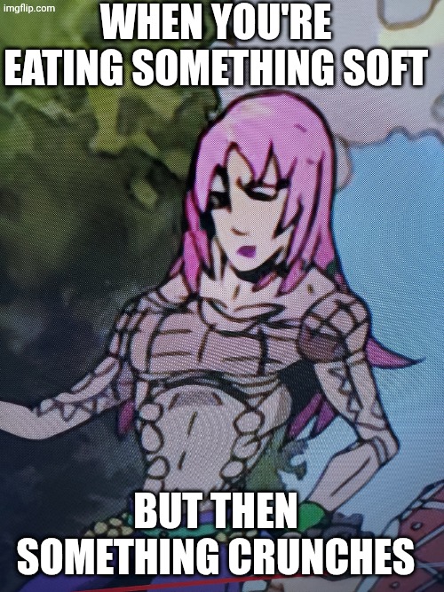 Diavolo no like it | When you're eating something soft; But then something crunches | image tagged in diavolo reaction,jojo's bizarre adventure,jjba,jojo meme | made w/ Imgflip meme maker