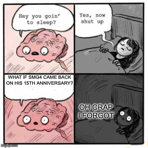Hey you going to sleep? | What if Smg4 came back on his 15th anniversary? Oh crap I forgot | image tagged in hey you going to sleep | made w/ Imgflip meme maker
