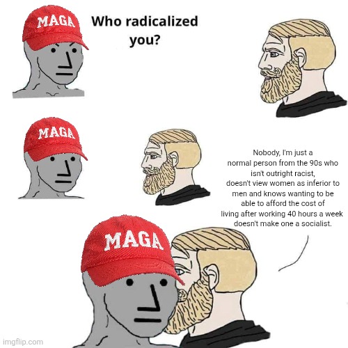 It's not everyone else who is far-left, it's MAGA who is far-right | Nobody, I'm just a normal person from the 90s who isn't outright racist, doesn't view women as inferior to men and knows wanting to be able to afford the cost of living after working 40 hours a week 
doesn't make one a socialist. | image tagged in who radicalized you,maga,trump supporters,conservatives,conservative logic | made w/ Imgflip meme maker