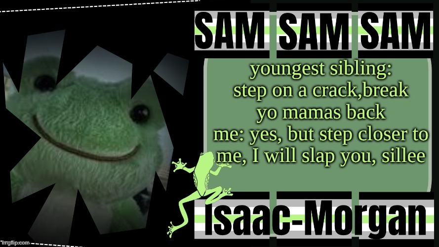 sam's fav frog temp | youngest sibling: step on a crack,break yo mamas back
me: yes, but step closer to me, I will slap you, sillee | image tagged in sam's fav frog temp | made w/ Imgflip meme maker