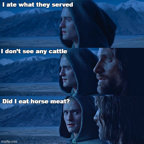 Legolas deep thoughts | I ate what they served; I don’t see any cattle; Did I eat horse meat? | image tagged in lord of the rings - legolas 3 panel | made w/ Imgflip meme maker