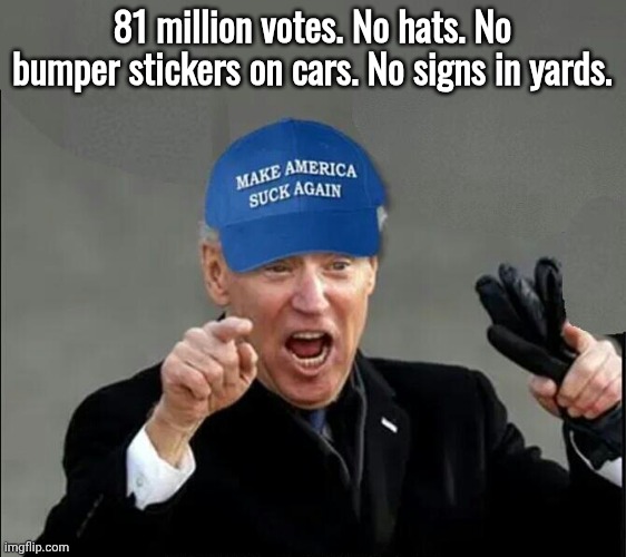 Blue Hat Joe Biden Sucks | 81 million votes. No hats. No bumper stickers on cars. No signs in yards. | image tagged in blue hat joe biden sucks | made w/ Imgflip meme maker