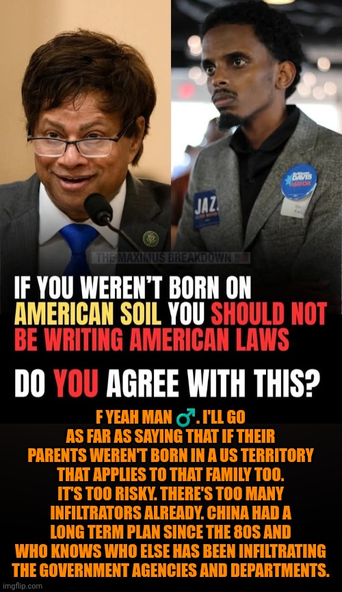 Funny | F yeah man ♂️. I'll go as far as saying that if their parents weren't born in a us territory that applies to that family too. It's too risky. There's too many infiltrators already. China had a long term plan since the 80s and who knows who else has been infiltrating the government agencies and departments. | image tagged in funny,politics,us government,leaks,traitors,foreigner | made w/ Imgflip meme maker