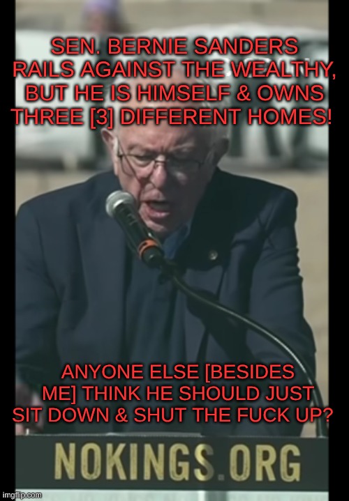 expression memes | sen. bernie sanders rails against the wealthy, but he is himself & owns three [3] different homes! anyone else [besides me] think he should just sit down & shut the fuck up? | image tagged in bernie sanders,liberal hypocrisy,rich people | made w/ Imgflip meme maker