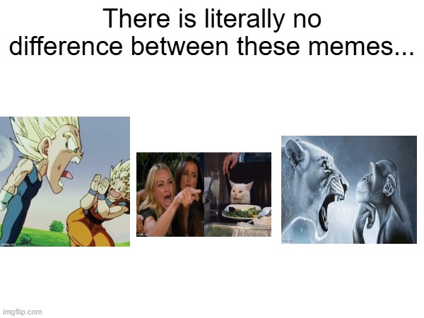 Bruh... | There is literally no difference between these memes... | image tagged in yelling,memes,meme,dragon ball z,ragebait,woman yelling at cat | made w/ Imgflip meme maker